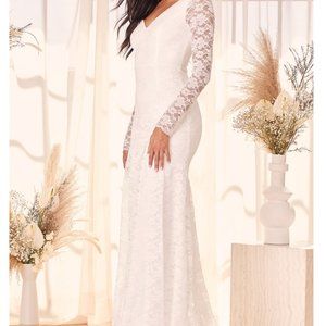 M- White Lace Long Sleeve Mermaid Maxi Wedding Dress by Lulu's